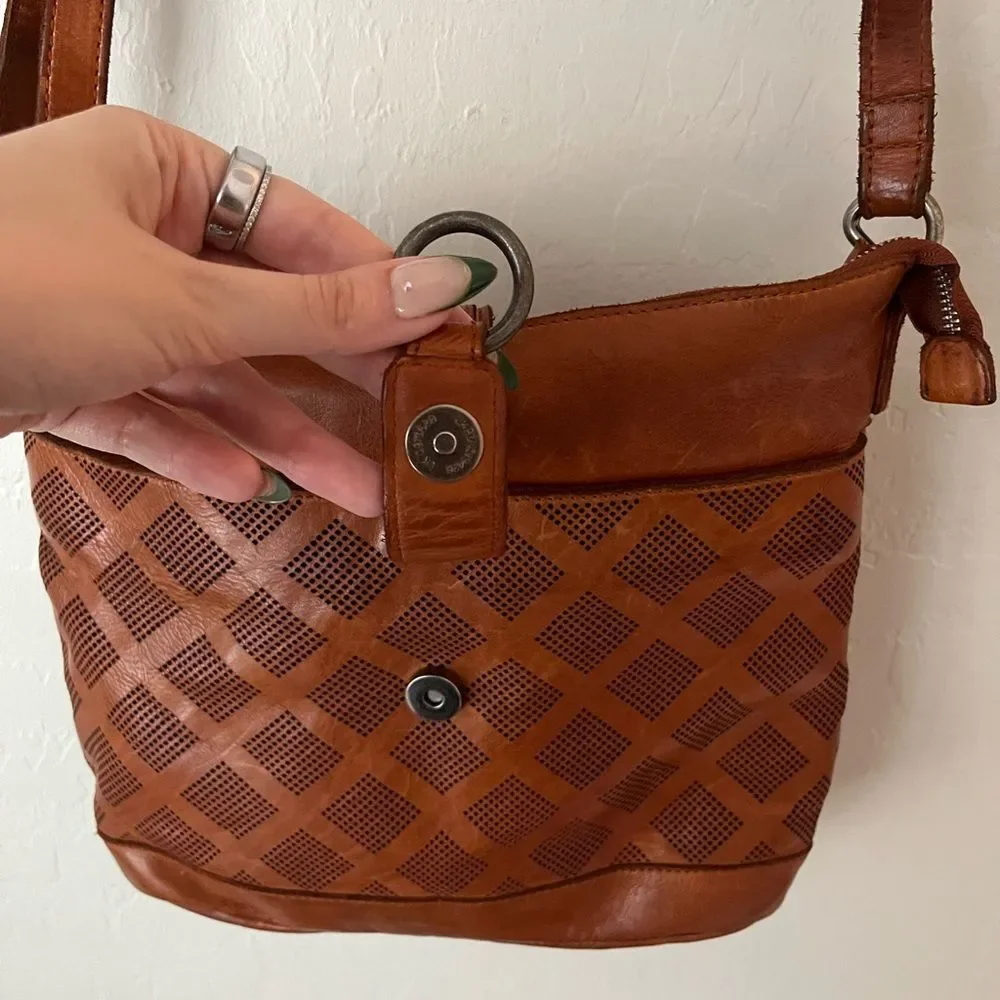 Vilenca Holland Perforated Leather Pattern Crossbody Tote Bag Tan